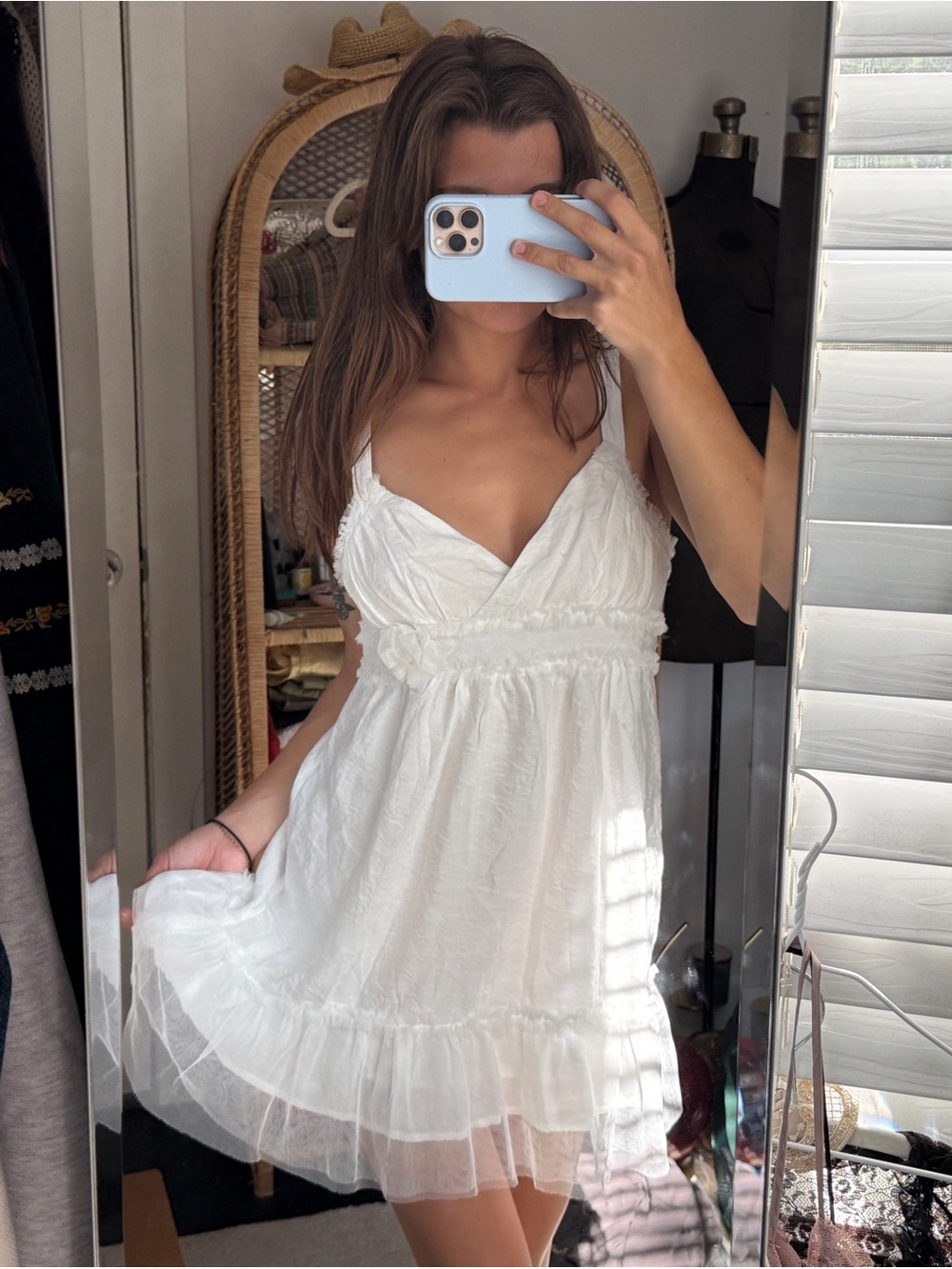 Y2K Mine White Babydoll Mini Dress Tulle Coquette Fairycore M - Picture 11 of 11